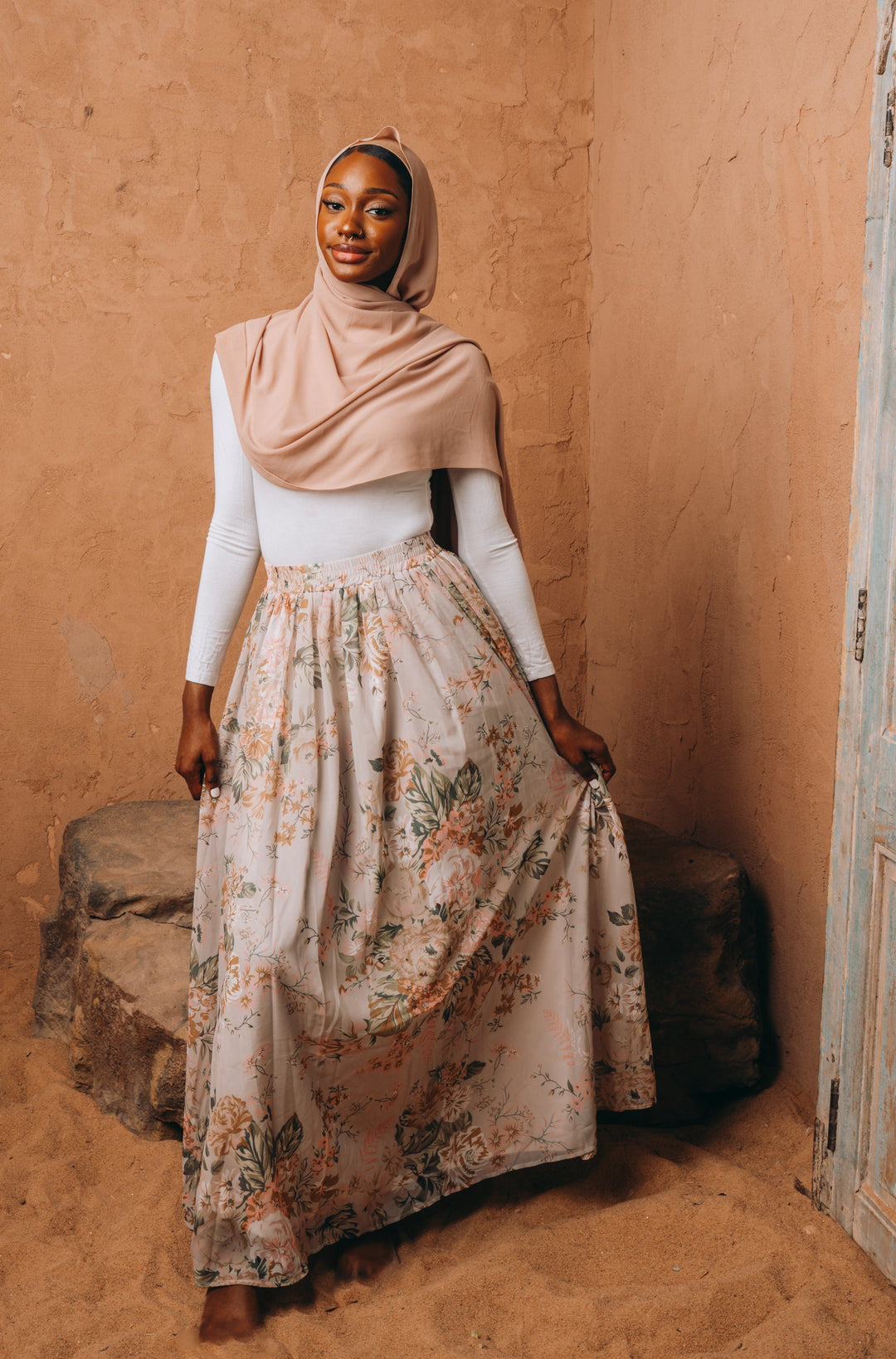 Urban Modesty - Beige Floral Chiffon Maxi Skirt