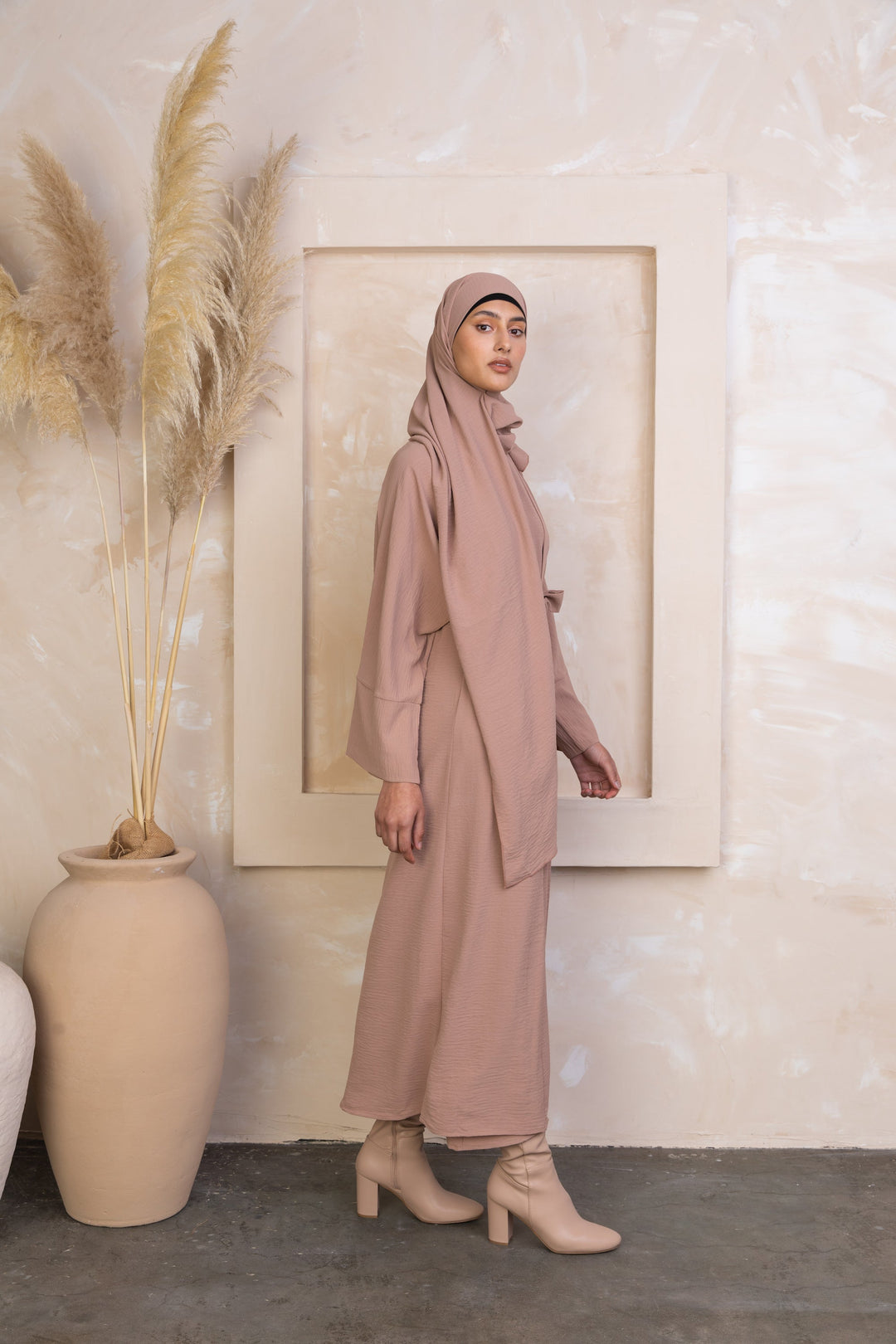 Urban Modesty - Beige Four Piece Open Abaya Set
