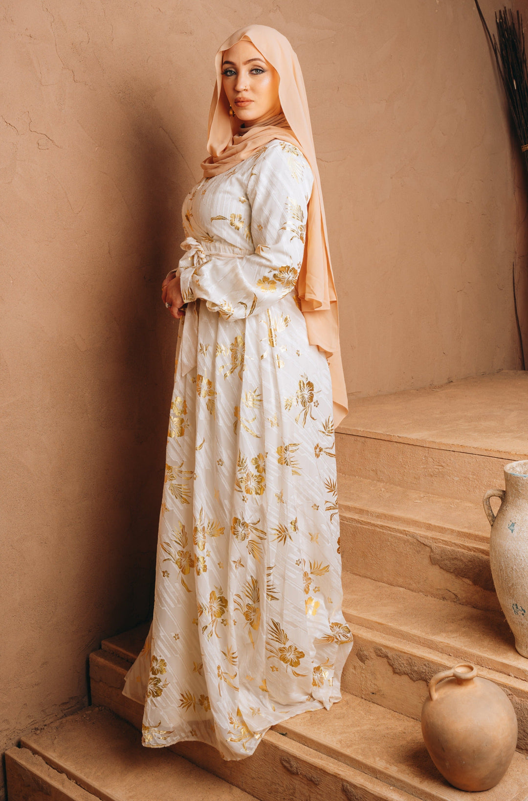 Urban Modesty - Beige Gold Floral Maxi Dress With Sleeves-CLEARANCE