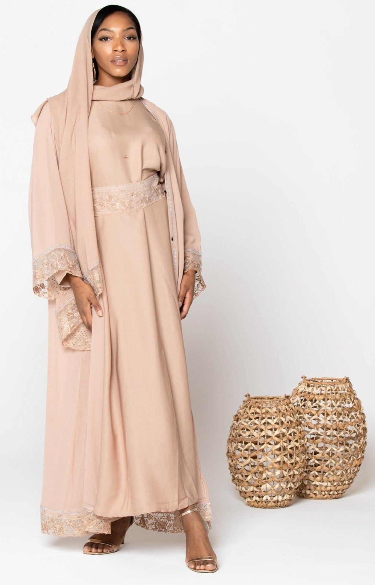 Beige Lace 4 Piece Kimono Abaya Set