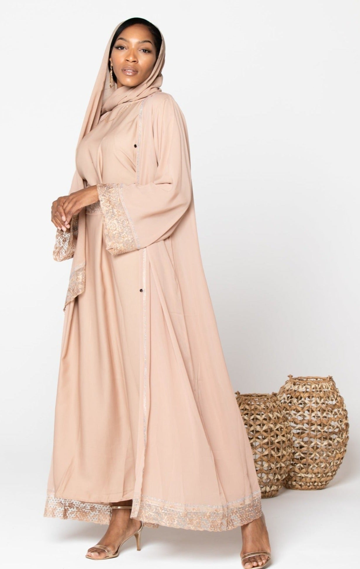 Beige Lace 4 Piece Kimono Abaya Set