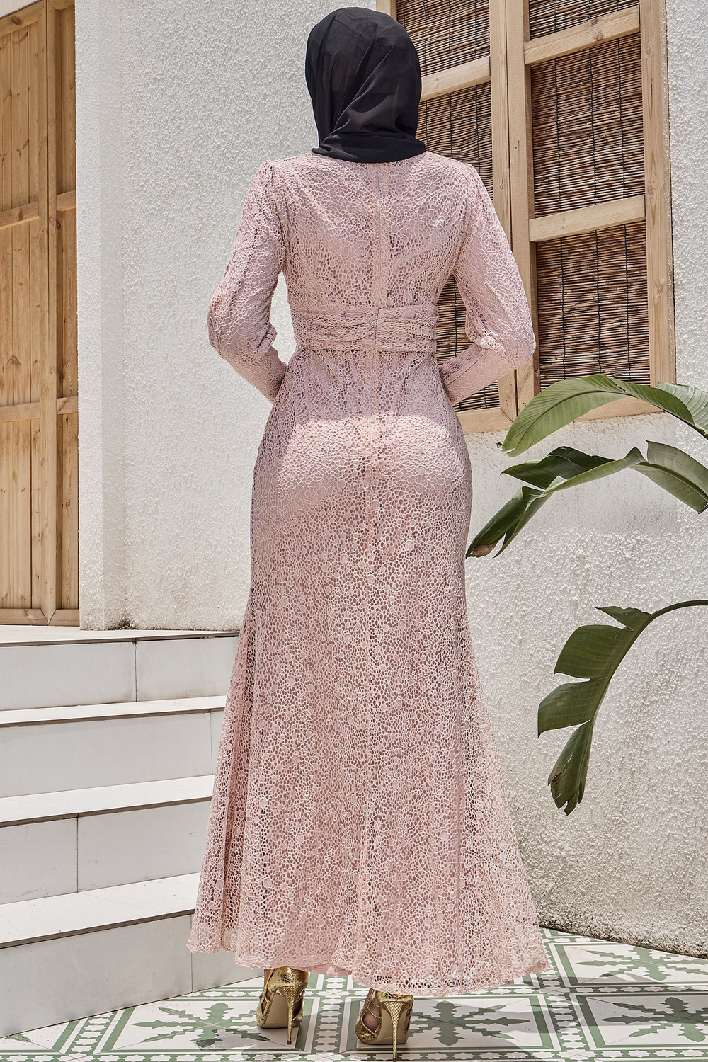 Urban Modesty - Beige Lace Ruched Waist Long Sleeve Gown