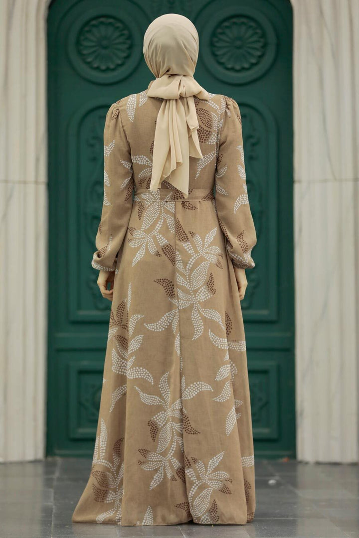 Urban Modesty - Beige Leaves Chiffon Long Sleeve Maxi Dress-Clearance