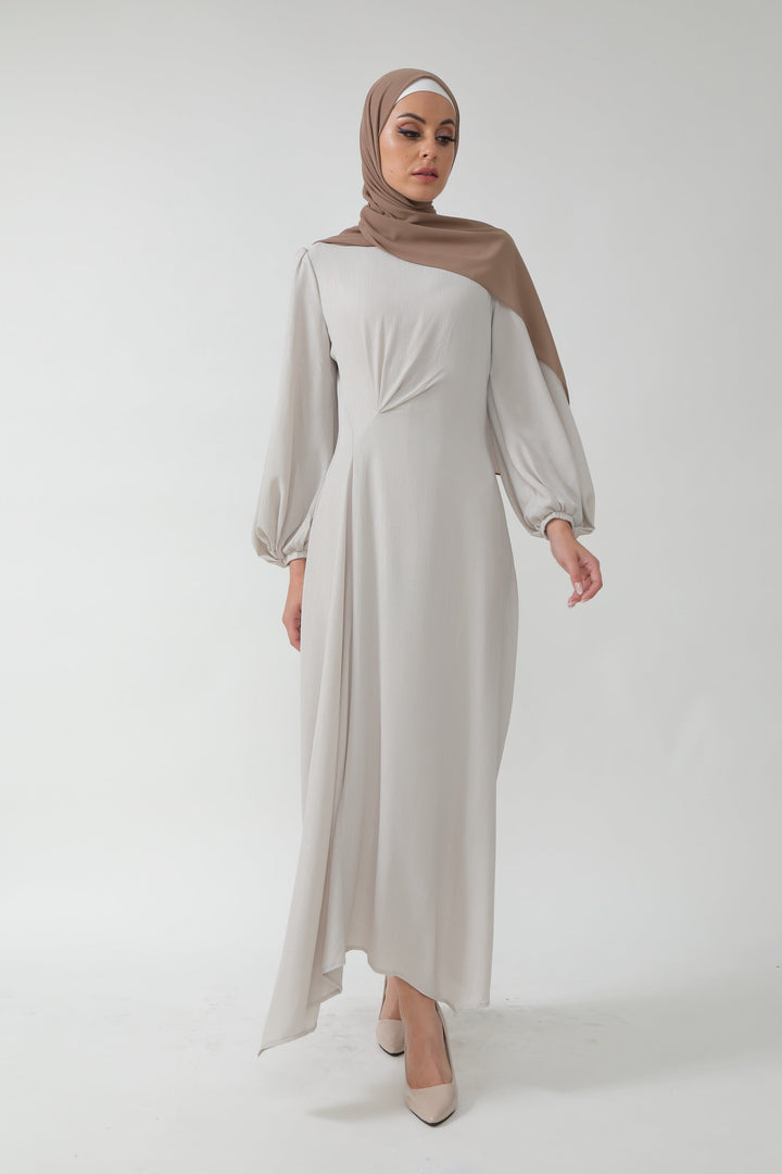 Urban Modesty - Beige Metallic Pinstripe Long Sleeve Maxi Dress