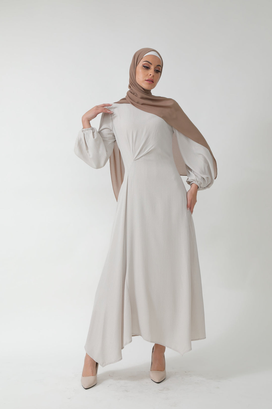 Beige Metallic Pinstripe Long Sleeve Maxi Dress-CLEARANCE