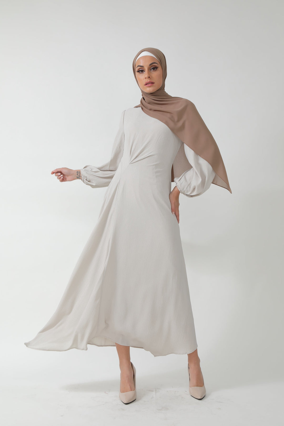 Urban Modesty - Beige Metallic Pinstripe Long Sleeve Maxi Dress