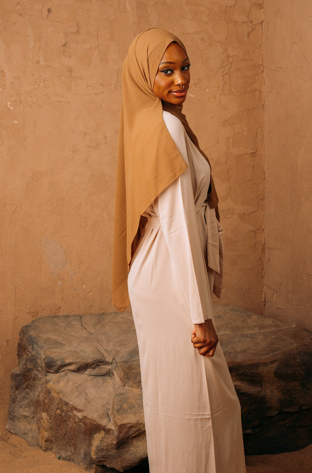 Urban Modesty - Beige Straight Sleeve Belt Abaya