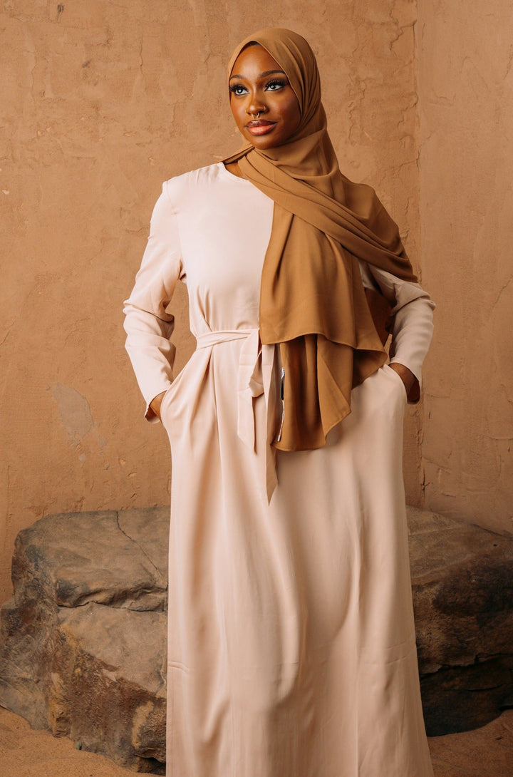 Urban Modesty - Beige Straight Sleeve Belt Abaya