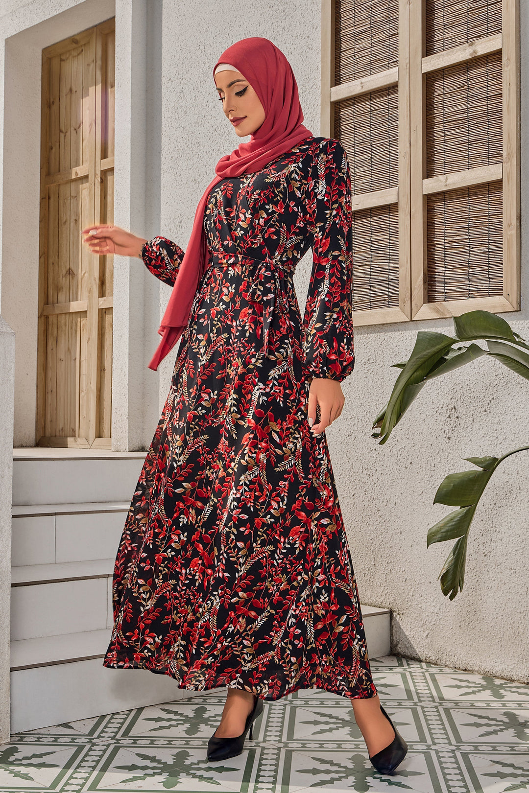 Urban Modesty - Black and Red Criss Cross Floral Maxi Dress