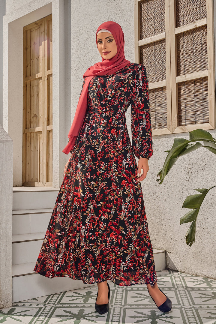 Urban Modesty - Black and Red Criss Cross Floral Maxi Dress