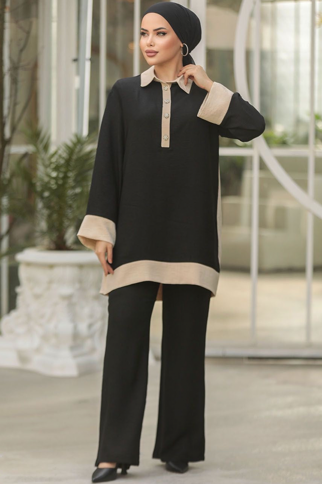 Urban Modesty - Black and Tan Tunic & Pant Set