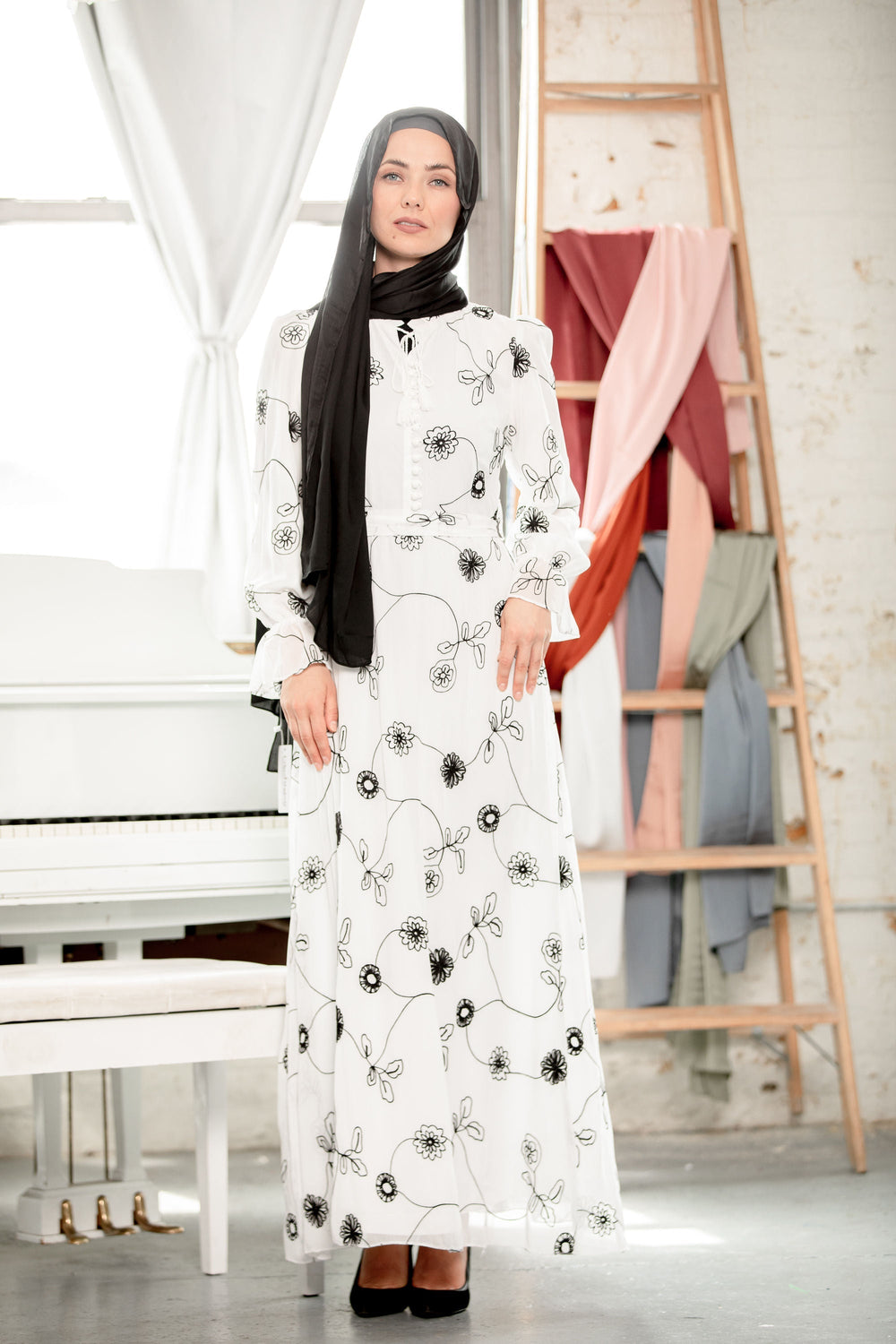 Urban Modesty - Black and White Embroidered Chiffon Maxi Dress-CLEARANCE