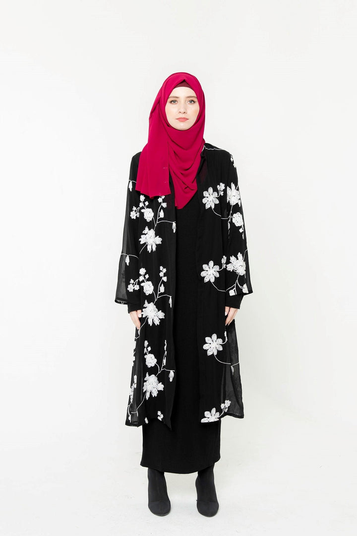 Urban Modesty - Black and White Embroidered Sheer Open Front Abaya
