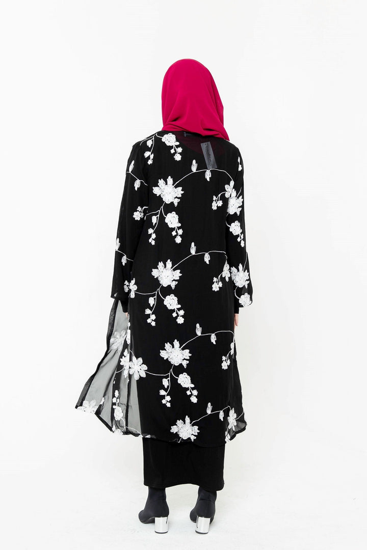 Urban Modesty - Black and White Embroidered Sheer Open Front Abaya