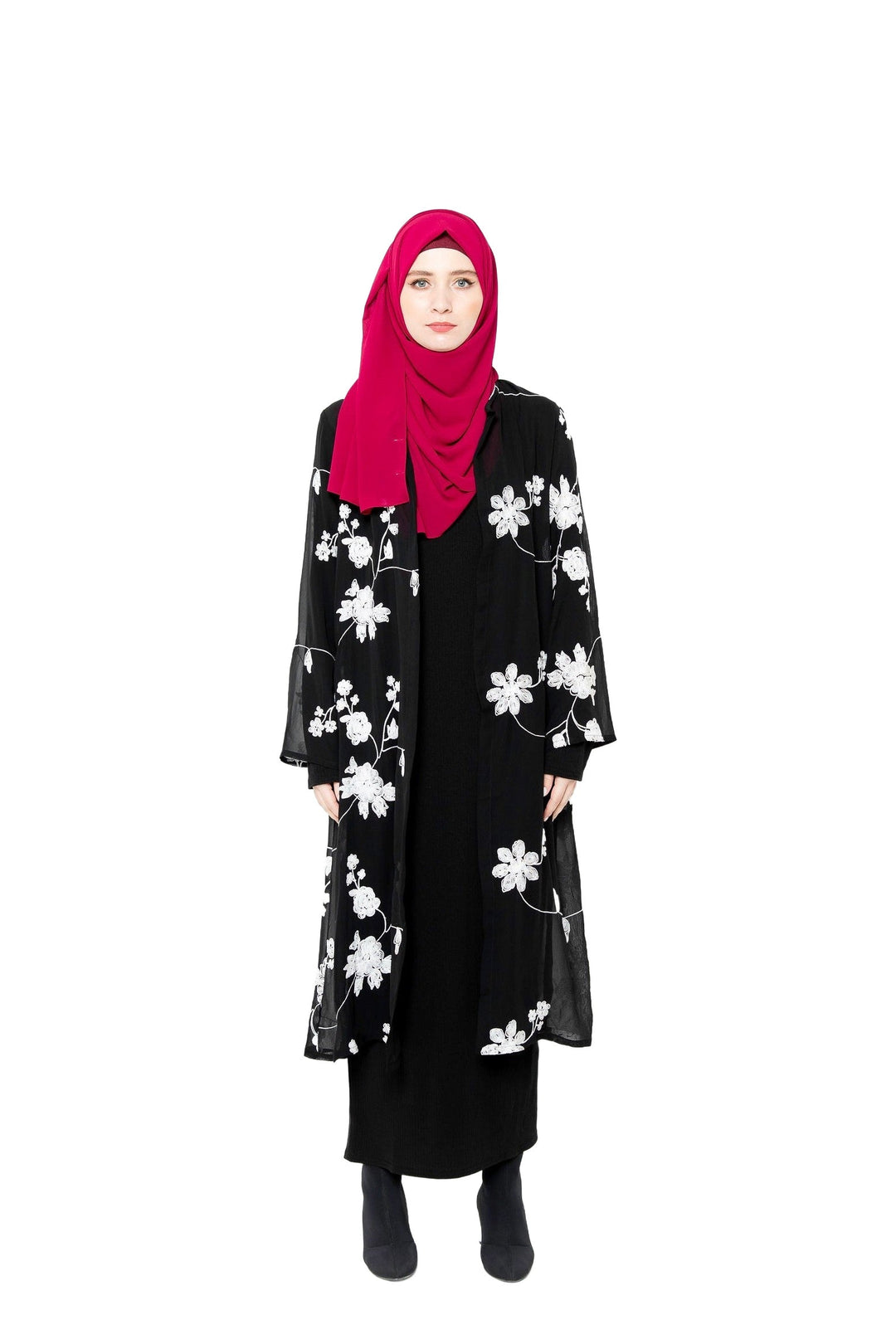 Black and White Embroidered Sheer Open Front Abaya
