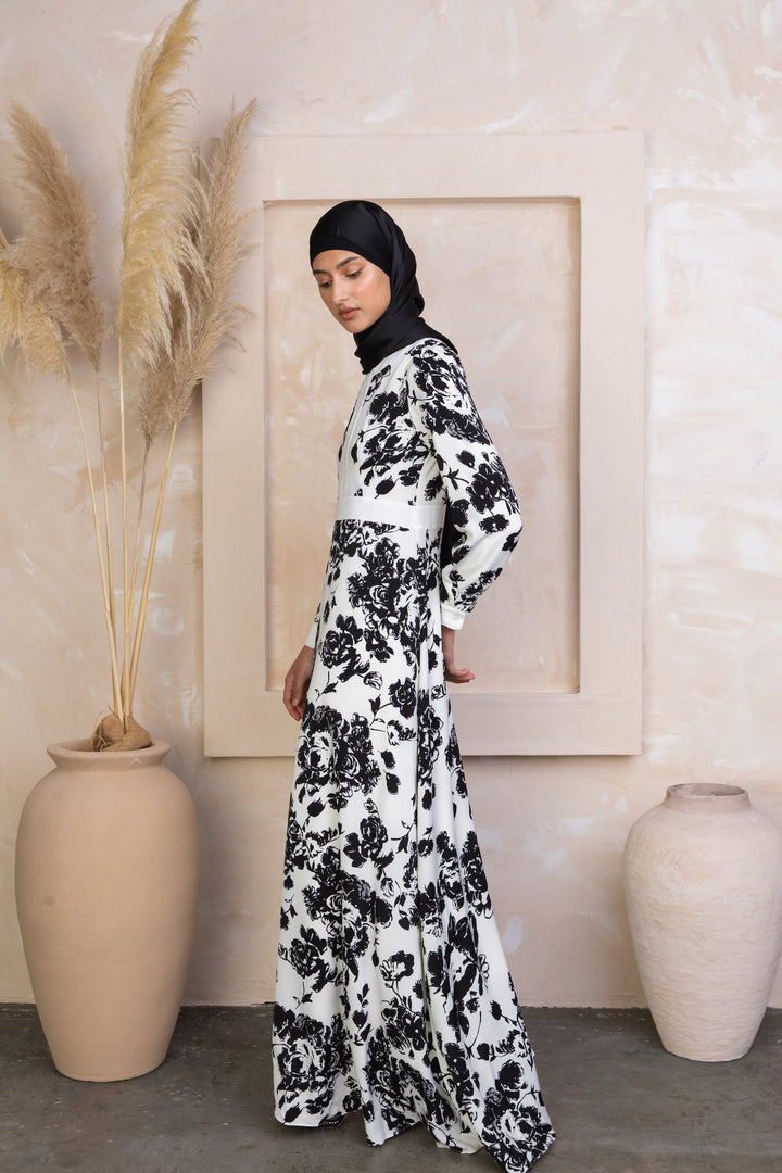 Urban Modesty - Black and White Floral Maxi Dress With Sleeves-CLEARANCE