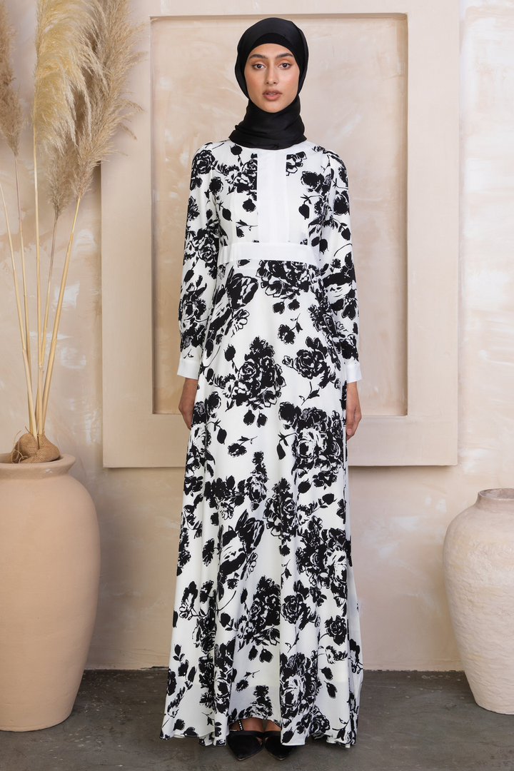 Urban Modesty - Black and White Floral Maxi Dress With Sleeves-CLEARANCE