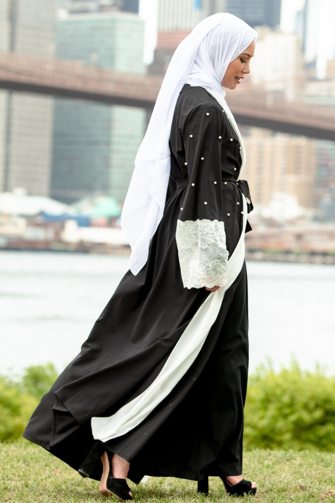 Urban Modesty - Black and White Pearl Open Front Abaya-CLEARANCE