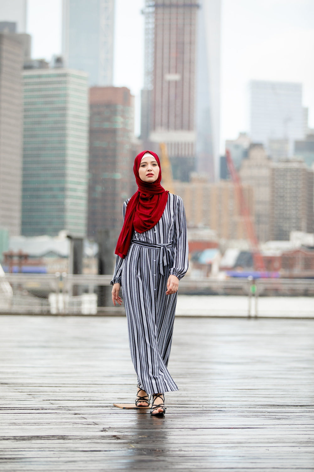 Urban Modesty - Black and White Striped Button Down Maxi Dress