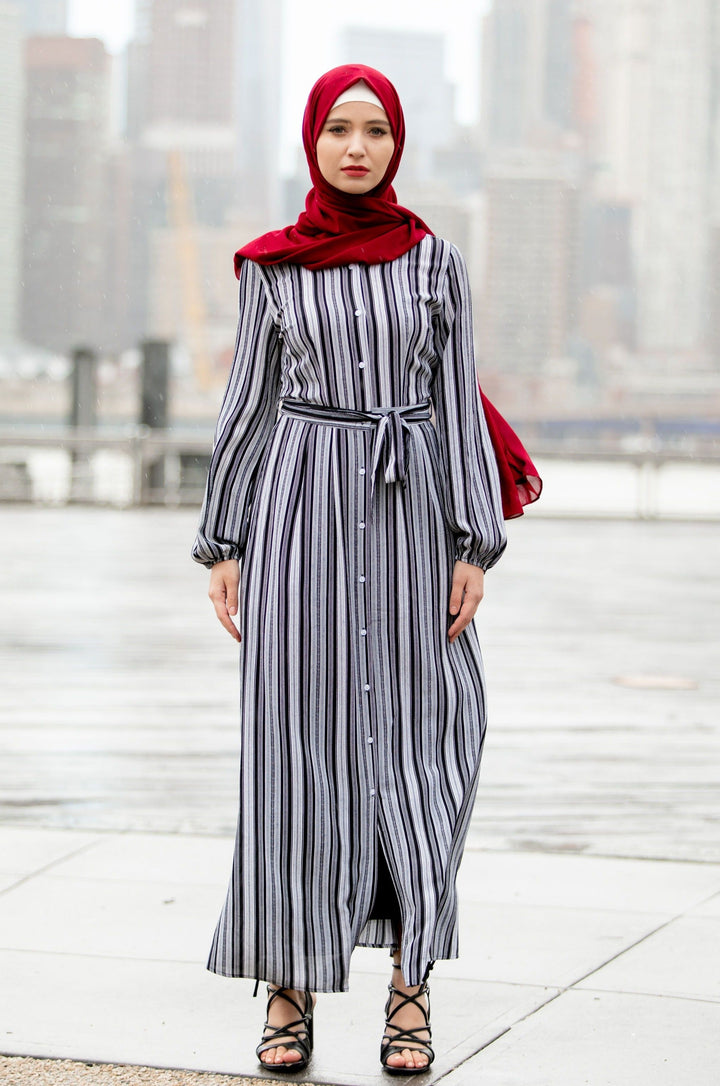 Urban Modesty - Black and White Striped Button Down Maxi Dress