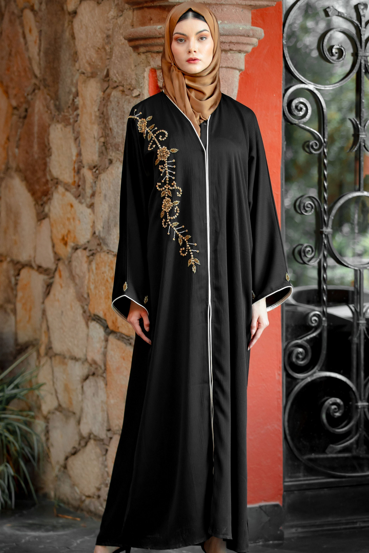 Black Beaded Button Down Open Front Abaya-CLEARANCE