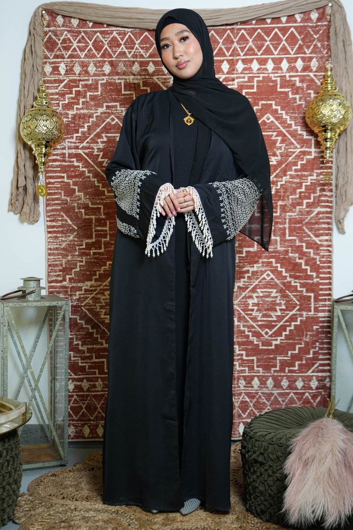 Black Beaded Fringe Sleeves Open Front Abaya