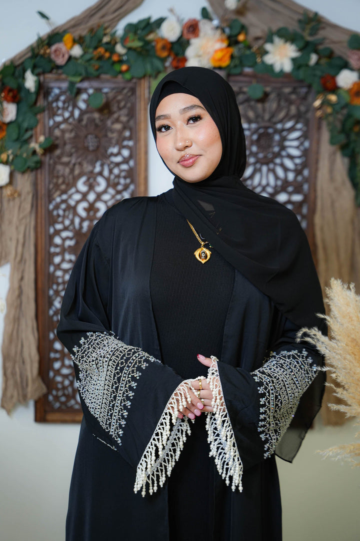 Black Beaded Fringe Sleeves Open Front Abaya