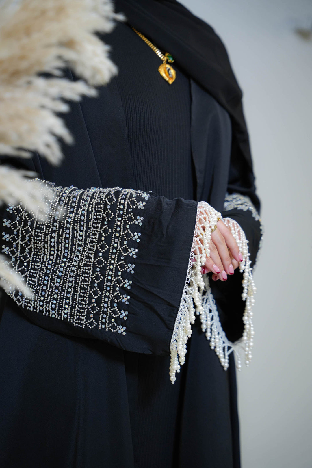 Black Beaded Fringe Sleeves Open Front Abaya