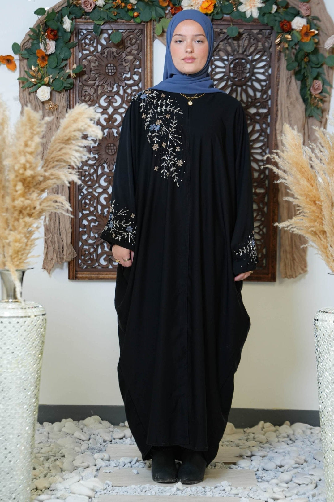 Black Beaded Kimono Sleeves Open Front Abaya-CLEARANCE