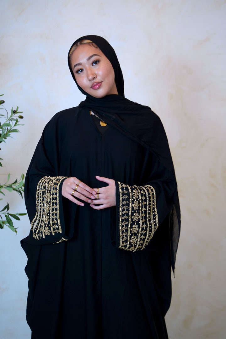Black Beaded Sleeves Belted Open Front Abaya