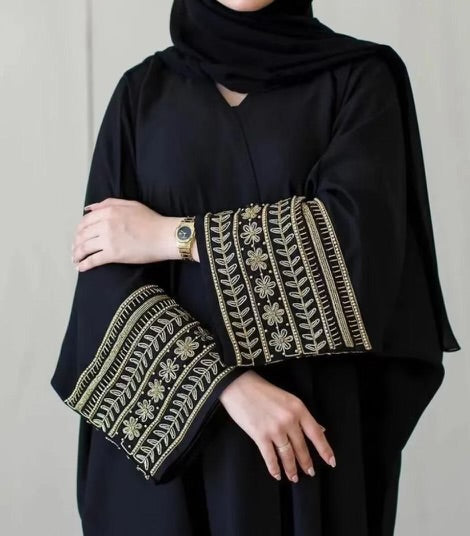 Urban Modesty - Black Beaded Sleeves Belted Open Front Abaya