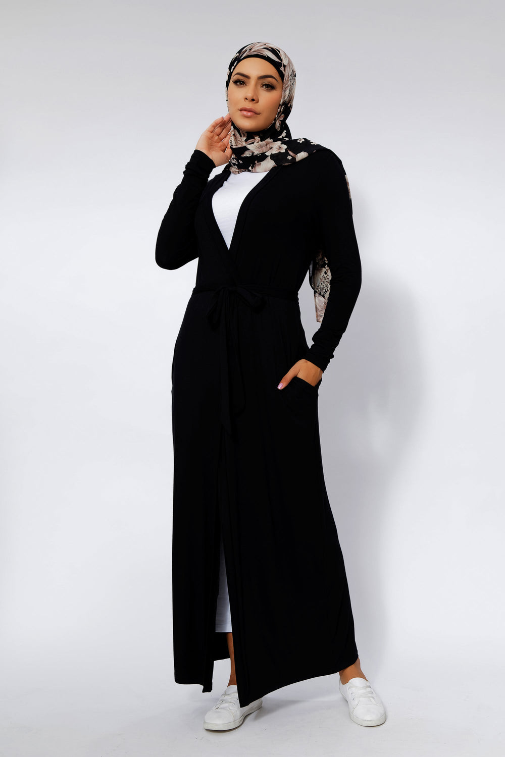 Urban Modesty - Black Belted Cotton Non-Sheer Maxi Cardigan