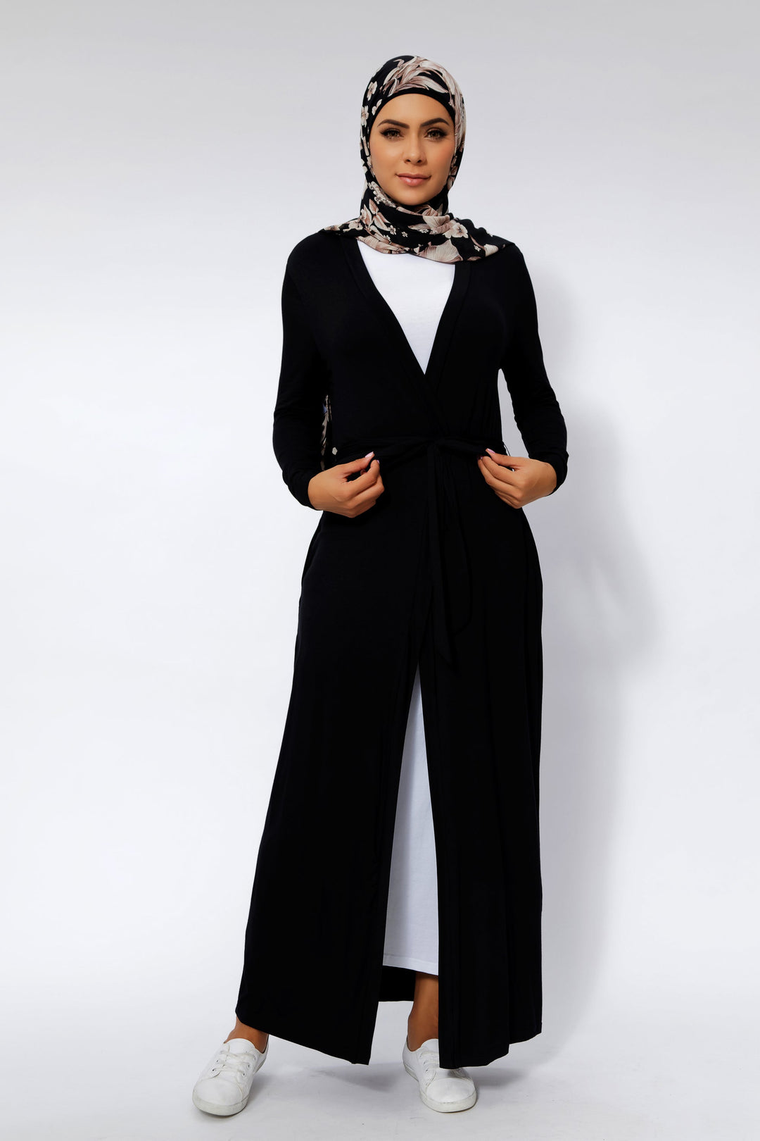 Black Belted Cotton Non-Sheer Maxi Cardigan