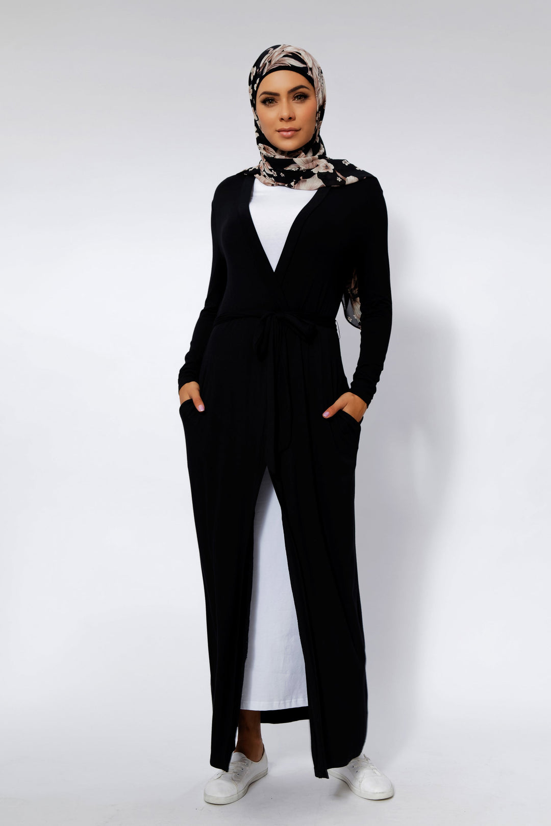 Urban Modesty - Black Belted Cotton Non-Sheer Maxi Cardigan