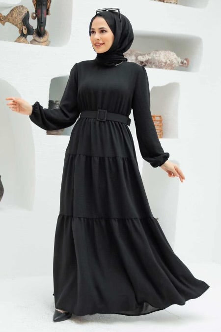 Urban Modesty - Belted Tiered Long Sleeve Maxi Dress Twill