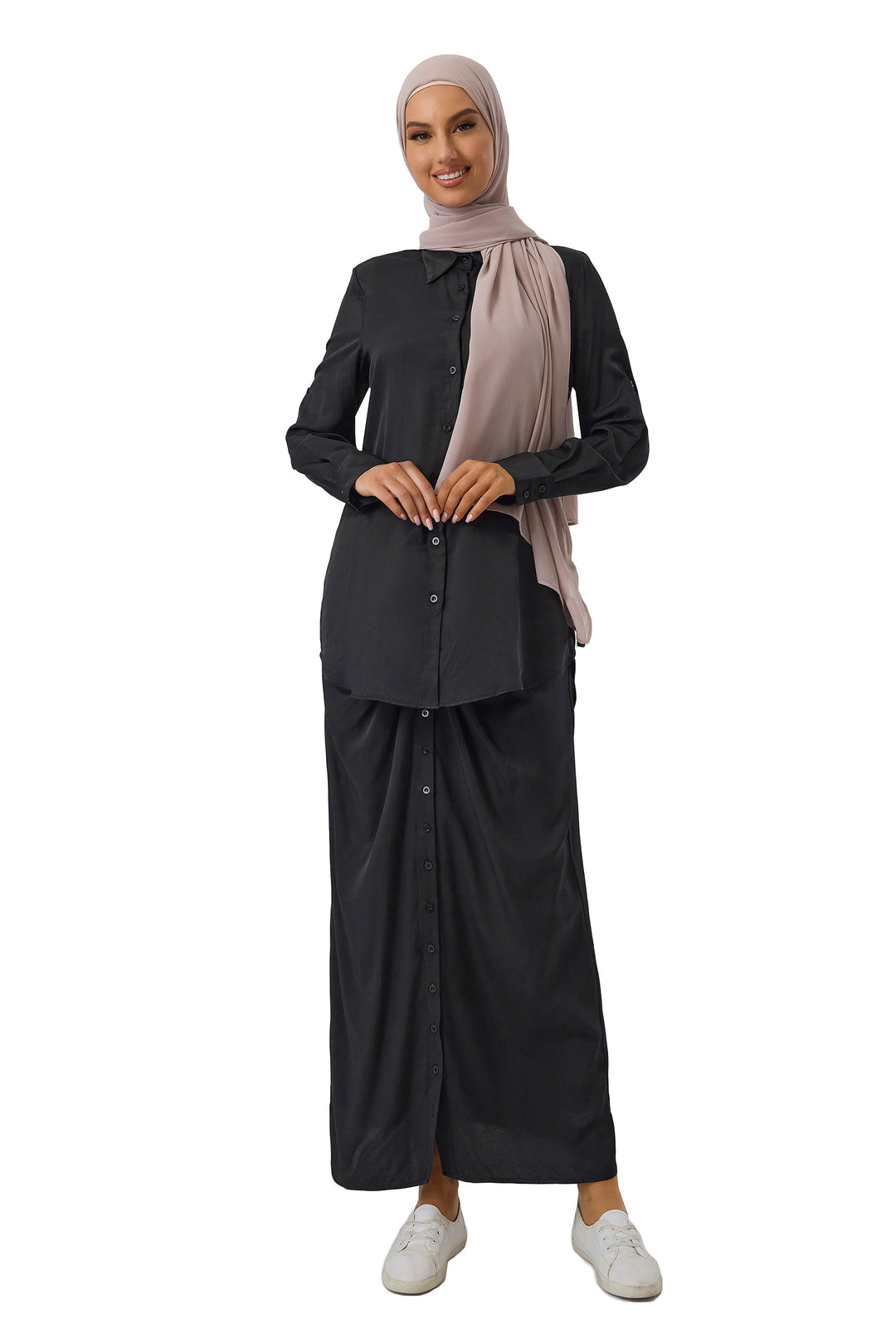 Urban Modesty - Black Button Down Shirt and Skirt Set-CLEARANCE