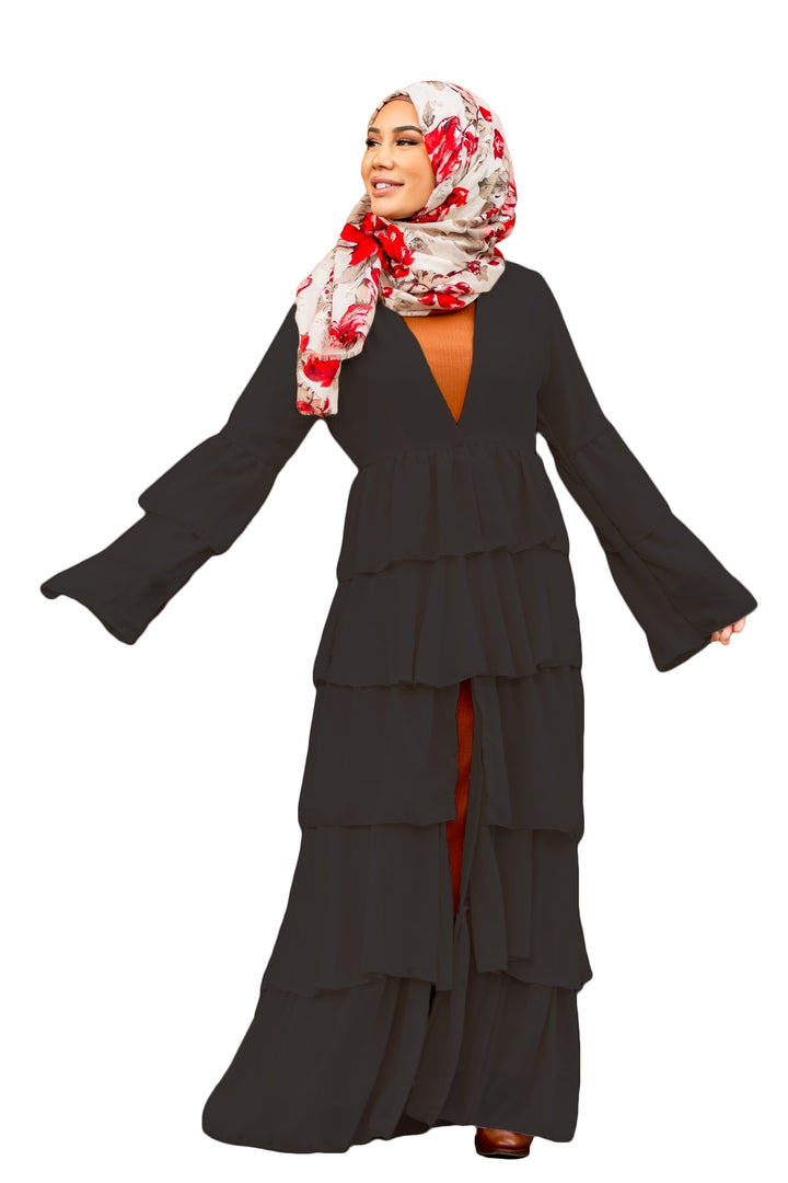 Urban Modesty - Black Cascading Ruffles Open Front Abaya
