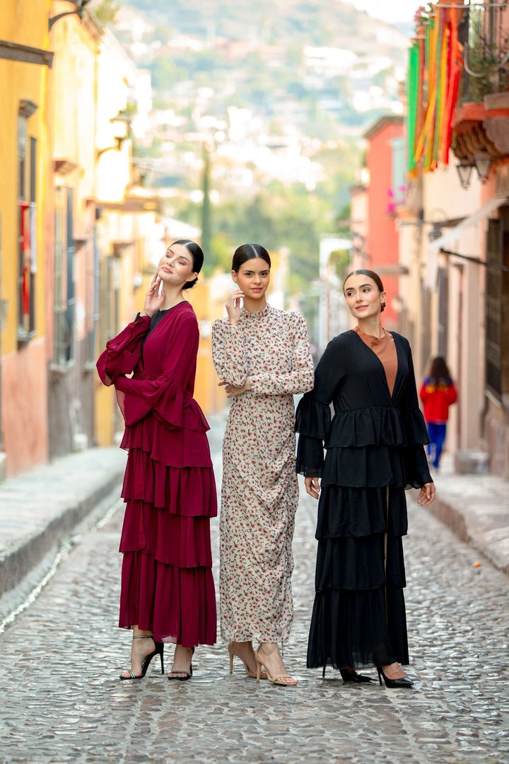 Urban Modesty - Black Cascading Ruffles Open Front Abaya