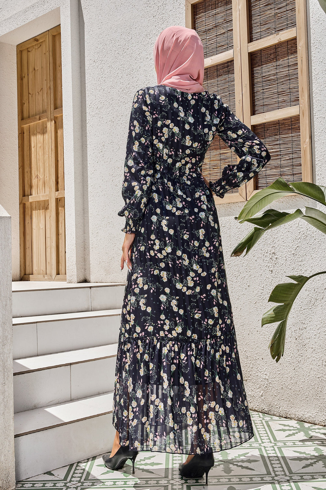 Urban Modesty - Black Collared Button Down Floral Dress