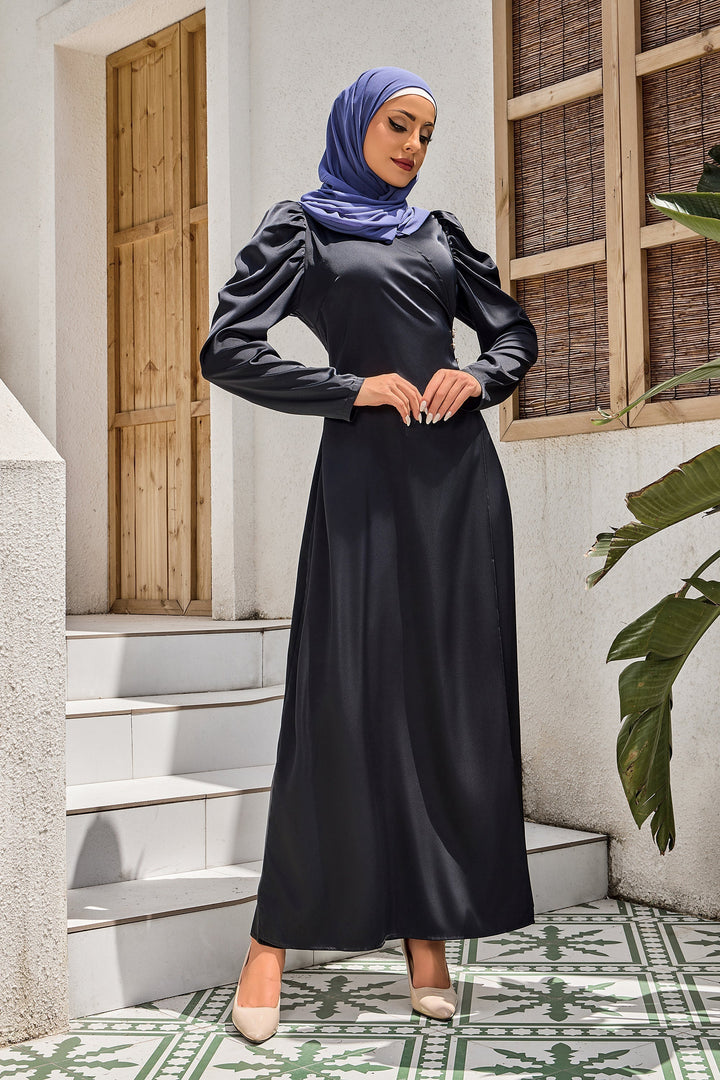 Urban Modesty - Black Criss Cross Puff Sleeve Maxi Dress