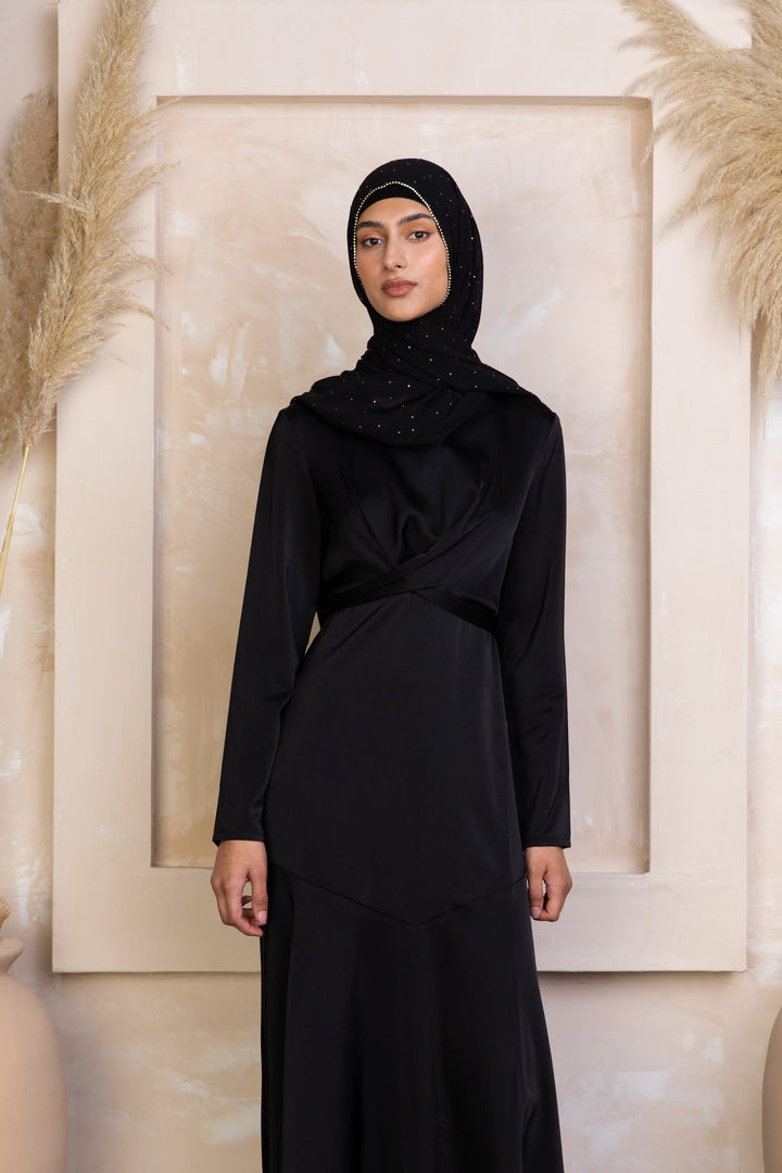 Urban Modesty - Black Criss Cross Satin Maxi Dress
