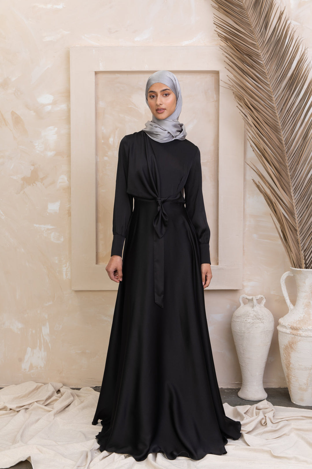 Urban Modesty - Black Diana Side Knot Satin Gown