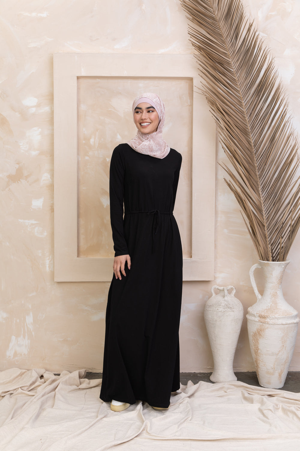 Urban Modesty - Black Drawstring Cotton Long Sleeve Maxi Dress
