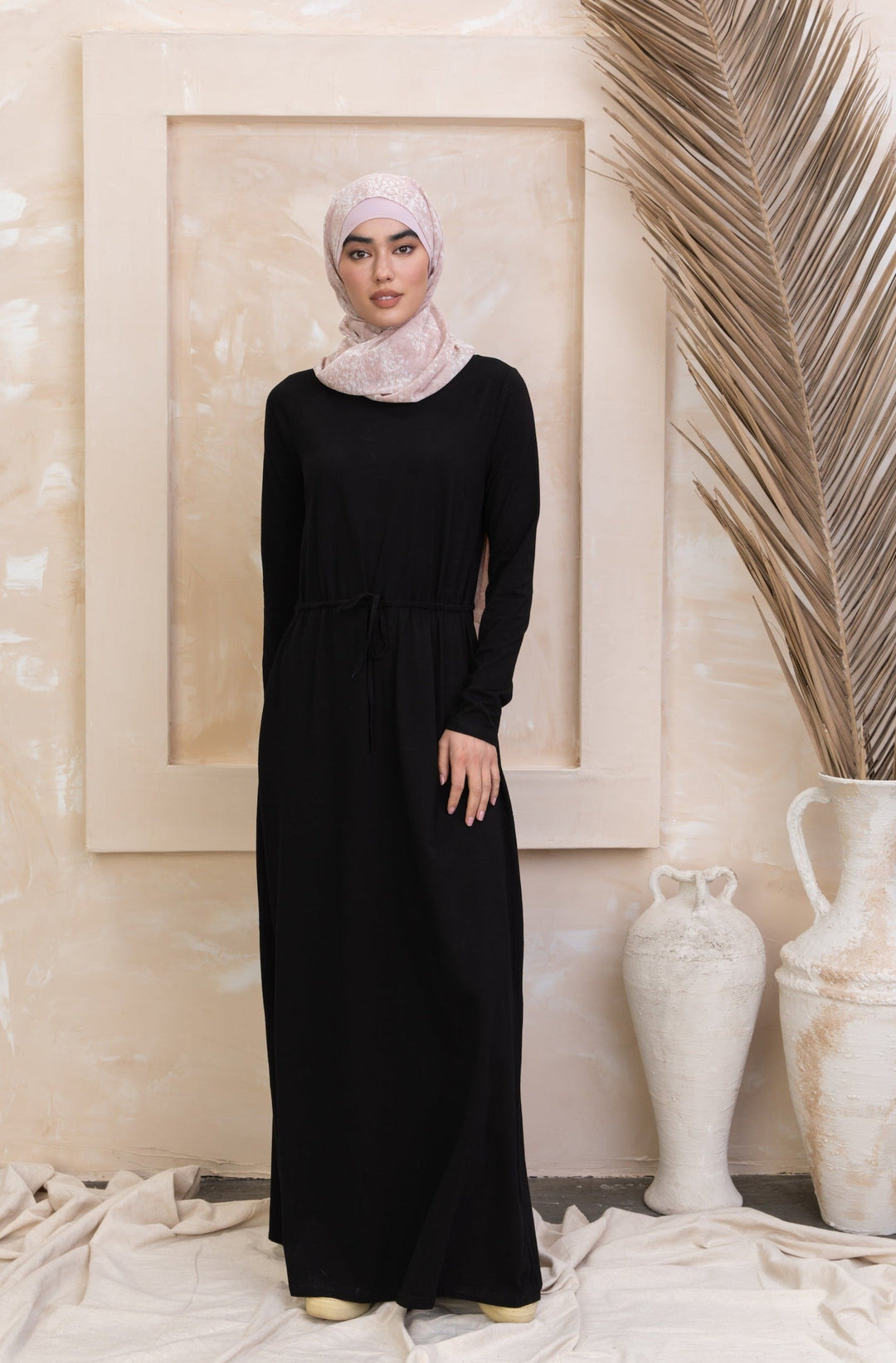 Urban Modesty - Black Drawstring Cotton Long Sleeve Maxi Dress