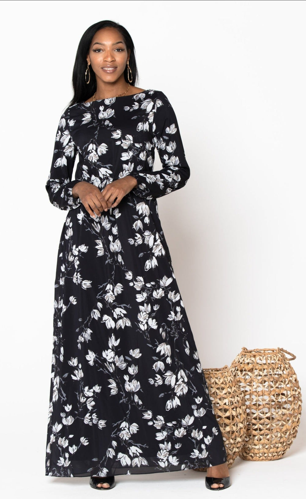Urban Modesty - Black Enchanted Floral Watercolor Drawstring Maxi Dress-CLEARANCE