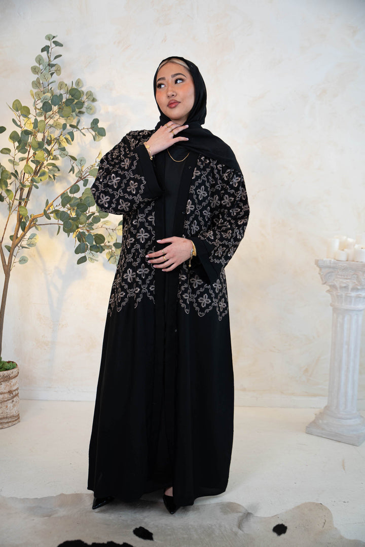 Urban Modesty - Black Floral Lace Open Front Abaya