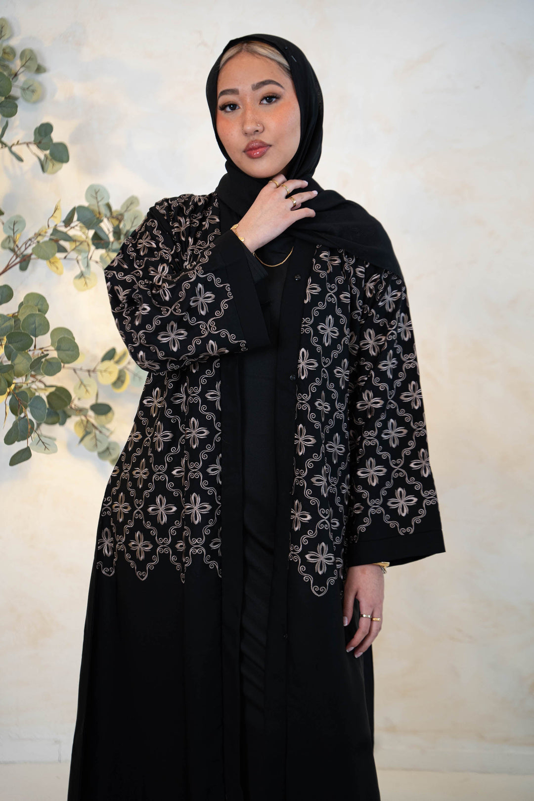 Urban Modesty - Black Floral Lace Open Front Abaya
