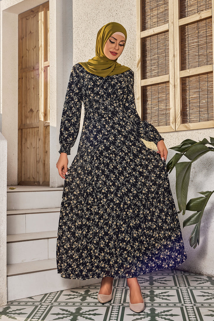 Urban Modesty - Black Floral Tiered Maxi Dress With Sleeves