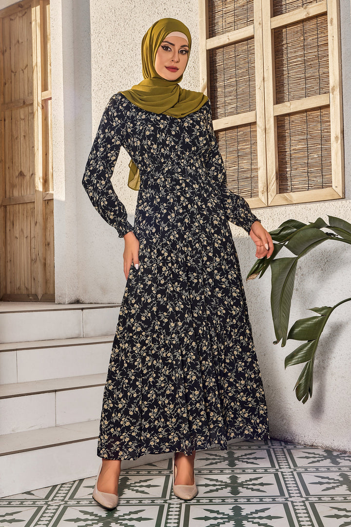 Urban Modesty - Black Floral Tiered Maxi Dress With Sleeves