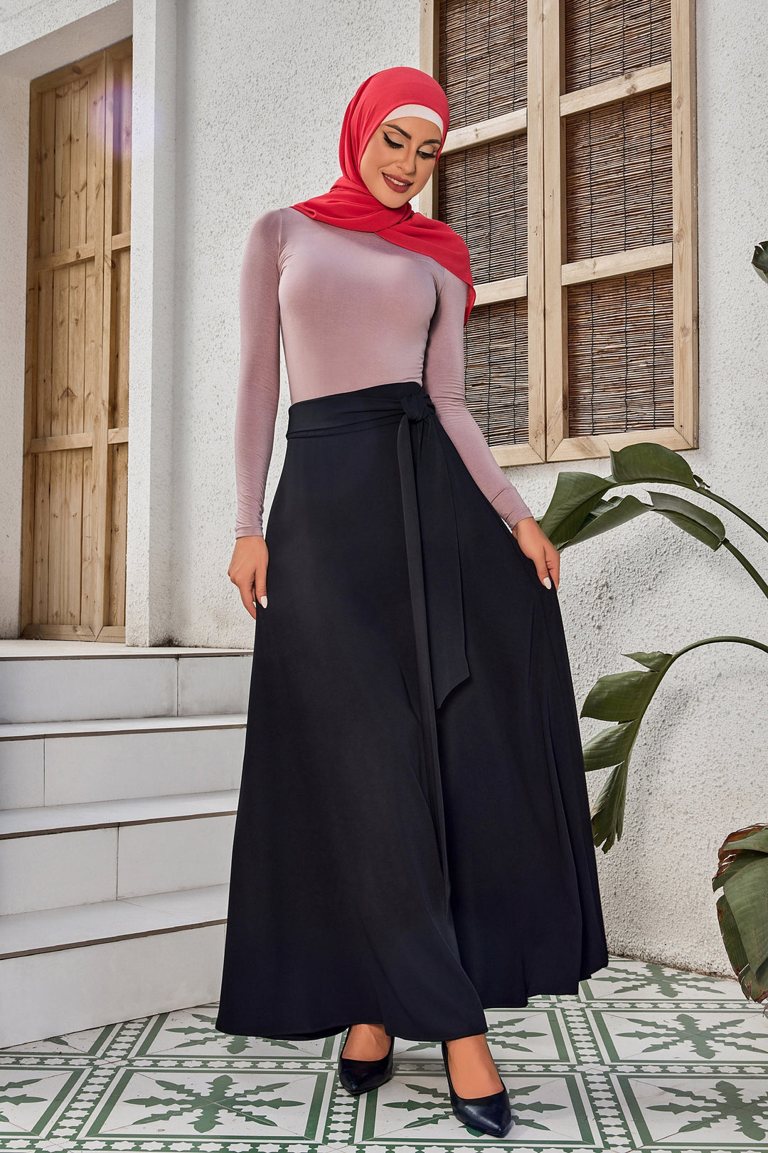 Urban Modesty - Black Flowy Tie-Belt Maxi Skirt